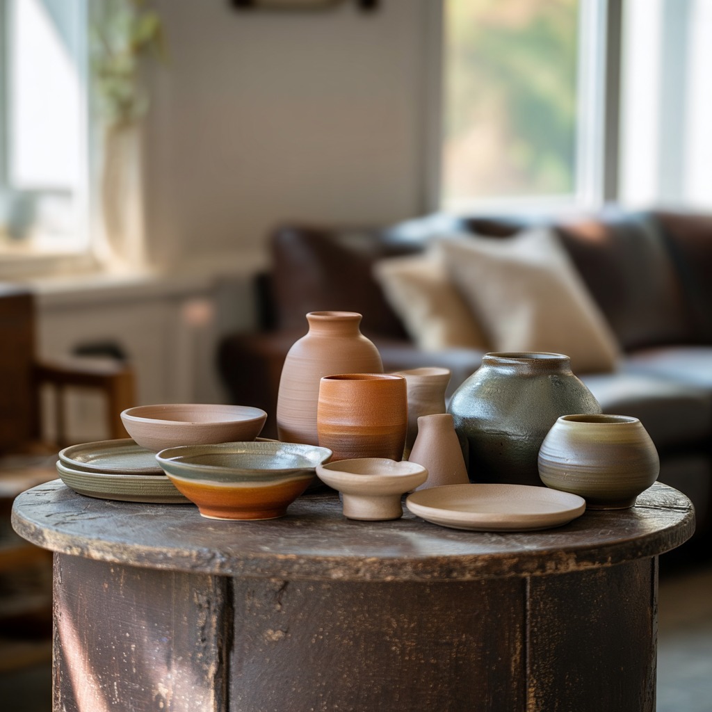 Beautiful handmade ceramic pottery collection on wooden table